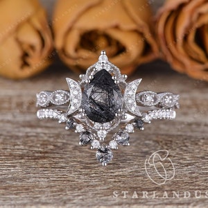 Moon Engagement Ring White Gold Black Rutilated Quartz Ring Set 2pcs Crystal Ring Crystal Engagement Ring Pear Shaped Salt and Pepper Ring