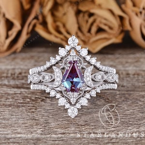 Unique Coffin Shaped Lab Alexandrite Engagement Ring 3pcs White Gold Bridal Set Vintage Engagement Ring Art Deco Antique one of a kind gift