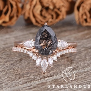 2ct Pear Shaped Black Rutilated Quartz Engagement Ring Rose Gold Unique Salt and Pepper Quartz Bridal Set 2pcs Crystal Ring Marquise Gift