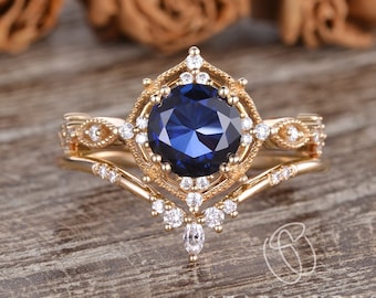 1.5ct Art Deco Engagement Ring Unique Bridal Set 2pcs Cluster Gold Chevron Ring Lab Sapphire Engagement Ring Stacking Women Gift For Her