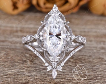 1.0-2.5ct Marquise Moissanite Bridal Set 2pcs Moissanite Ring Unique Marquise Engagement Ring White Gold Wedding Ring Vintage Antique Boho