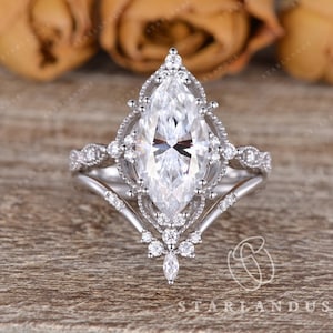 1.0-2.5ct Marquise Moissanite Bridal Set 2pcs Moissanite Ring Unique Marquise Engagement Ring White Gold Wedding Ring Vintage Antique Boho