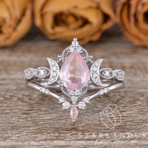 Rose Quartz Moon Inspired Ring 2pcs Solid 14K White Gold Ring Unique Art Deco Engagement Ring Pear Shaped Crystal Ring Pink Quartz Stacking