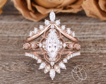 Vintage Marquise Moissanite Engagement Ring Set 3pcs Rose Gold Antique Moissanite Cage Ring Unique Marquise Wedding Ring Set Retro Boho Ring