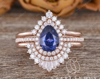 1.5ct Pear Shaped Sapphire Engagement Ring Sets 3pcs Lab Sapphire Ring Rose Gold Baguette Wedding Band Women Halo Stacking Birthstone Gift