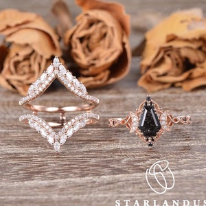 Unique Coffin Black Rutilated Quartz Engagement Ring Set Salt and Pepper Crystal Ring Set Moon Ring Celtic Ring Moissanite Enhance Ring