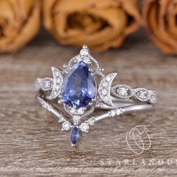 Cornflower Sapphire Bridal Set 2pcs Solid 14K White Gold Ring Pear Shaped Engagement Ring Marquise Lab Sapphire Wedding Band Women Boho Ring