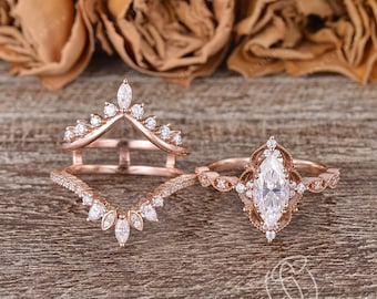 Unique Marquise Shape Moissanite Engagement Ring Set Rose Gold Moissanite Cluster Wedding Ring Cage Ring Vintage Bridal Set Rings For Women