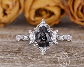 Salt and Pepper Black Rutilated Quartz Engagement Ring 1ct Engagement Ring Rose Gold Unique Black Moon Ring Crystal Mystic Crystal Antique
