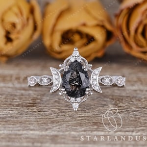 Salt and Pepper Black Rutilated Quartz Engagement Ring 1ct Engagement Ring Rose Gold Unique Black Moon Ring Crystal Mystic Crystal Antique