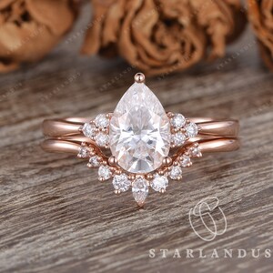 1.5ct Moissanite Wedding Ring Rose Gold Pear Shaped Engagement Ring Ring For Women Gift For Her Marquise Dainty Wedding Band Bridal Set 2pcs
