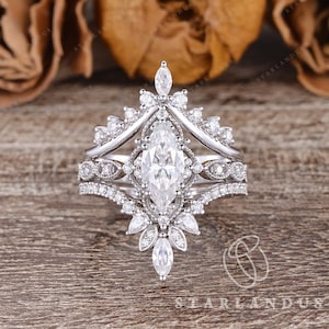 Vintage Marquise Moissanite Engagement Ring Set 3pcs Rose Gold Antique Moissanite Cage Ring Unique Marquise Wedding Ring Set Retro Boho Ring