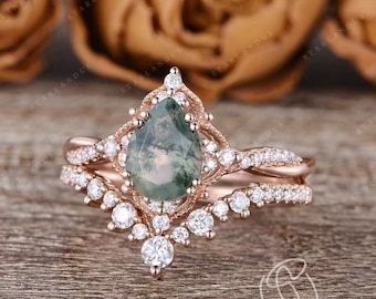 Moss Agate engagement ring Rose Gold wedding ring set Infinity Rings Vintage Cluster Unique Bridal Set Art Deco Milgrain Vine Antique 2pcs