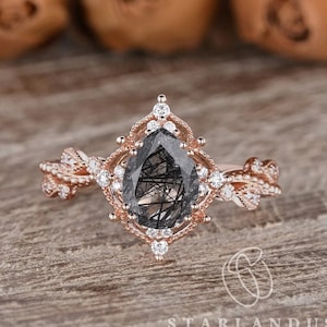 Flower Black Rutilated Quartz Engagement Ring Vintage Rose Gold Pear Shaped Ring Vine Leafy Ring Art Deco Ring Unique Leafy Milgrain Ring