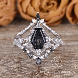 White Gold Bridal Set 2pcs Black Rutilated Quartz Engagement Ring Unique Coffin Cut Crystal Ring Boho Cluster Vine Antique Marquise Wedding