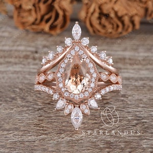 1ct Morganite Engagement Rings 3pcs Unique Stacking Boho Ring Vine Flower Bridal Set Art Deco Pear Shaped Morganite Ring Milrgin Marquise