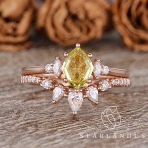 Geometric Bridal Set Unique Lemon Citrine Engagement Ring Rose Gold Cluster Marquise Moissanite Ring Tapered Minimalist Octagon Shield