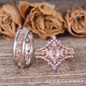 Vintage Couple Ring Set Floral Rose Quartz Pink Sapphrie Ring Rose Gold His and Hers Band Leaf Inspired Anniversary Ring For Men and Women