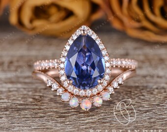 Lab Cornflower Blue Sapphire Engagement Ring Sets 2pcs Rose Gold Pear Shaped Opal Engagement Ring White Gold Stacking Bridal Set Unique