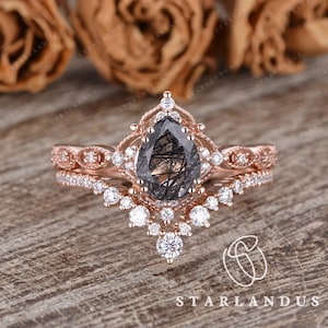 Unique Black Rutilated Quartz Engagement Ring Set 2pcs Rose Gold Crystal Ring Pear Engagement Ring Antique Chevron Paved Ring Flower Star