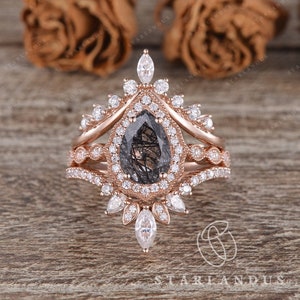 Unique Black Rutilated Quartz Ring Set 3pcs Rose Gold Engagement Ring Sale and Pepper Crystal Ring Pear Shaped Ring Antique Flower Star Vine