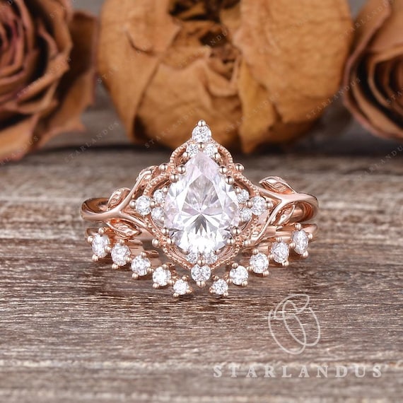 Pear Shaped Moissanite Engagement Ring Set Rose Gold Leaf Natural