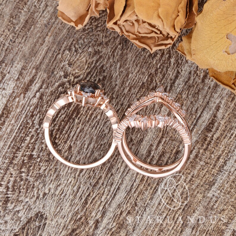 Vintage Salt and Pepper Crystal Bridal Set Pear Black Rutilated Quartz Engagement Ring Set Rose Gold Moissanite Ring Set Enhancer Ring image 6