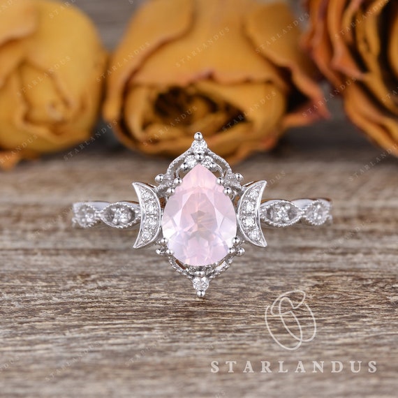 Crystal Ring Pear Rose Quartz Engagement Ring Vintage Inspired - Etsy France