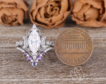 Marquise Moissanite Engagement Ring Set Amethyst Tanzanite