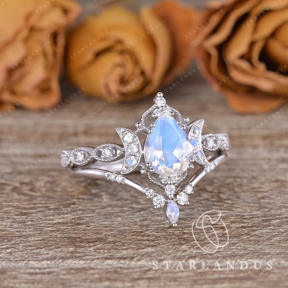 Unique Moon Rings MOON Unique Moonstone Engagement Ring Pear Shaped Bridal Set 2pcs ...