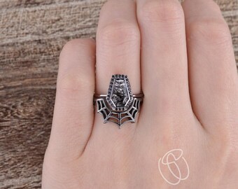 Gothic Coffin Cut Ring Black Rutilated Quartz Engagement Ring Set