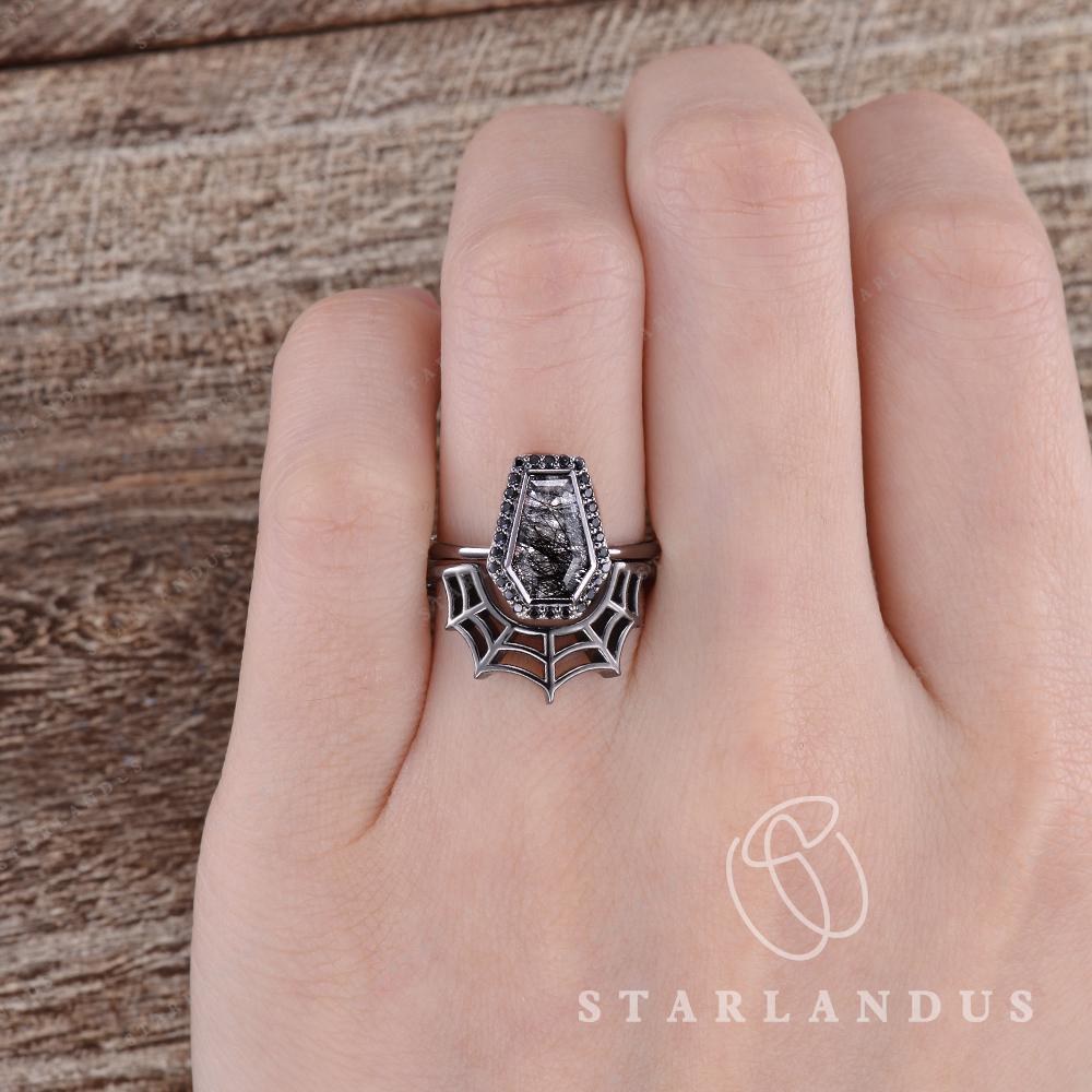 Gothic Coffin Cut Ring Black Rutilated Quartz Engagement Ring Set