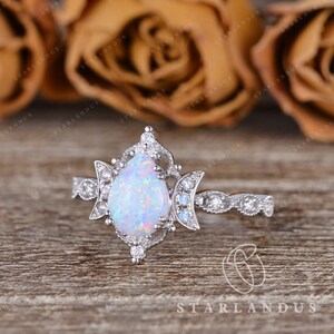 Art Deco Lab White Opal Moonstone Engagement Ring Milgrain Halo Pear Shaped Engagement Ring Antique Wedding Ring Moonstone Moon Crescent image 4
