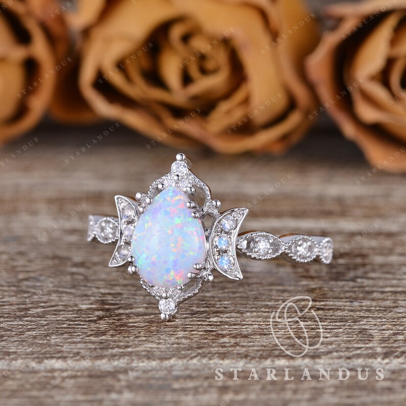 Art Deco Lab White Opal Moonstone Engagement Ring Milgrain Halo Pear Shaped Engagement Ring Antique Wedding Ring Moonstone Moon Crescent image 4