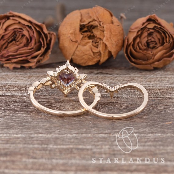 Fairy Alexandrite Engagement Ring Set Rose Gold Heart Shaped