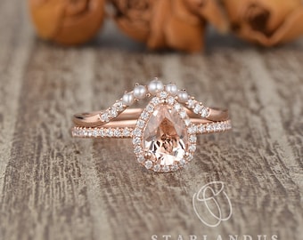 Pear Shaped Morganite Engagement Ring Rose Gold Unique Pearl