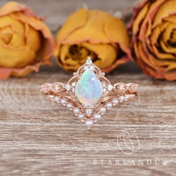 Vintage Lab White Opal Engagement Ring Pearl Chevron Wedding Band Rose Gold Vine Ring Pink Fire Flower Stacking Ring Unique Pear opal Ring