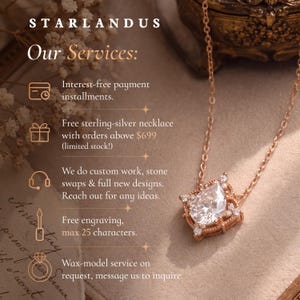 Puede incluir: Un collar de oro rosa con una piedra central en forma de pera rodeada de piedras redondas m&aacute;s peque&ntilde;as. Texto: STARLANDUS Our Services: Pagos a plazos sin intereses. Collar de plata esterlina gratis en pedidos superiores a $699. Trabajos personalizados, cambio de piedras y nuevos dise&ntilde;os. Grabado gratis, m&aacute;x 25 caracteres. Servicio de modelo en cera bajo petici&oacute;n.