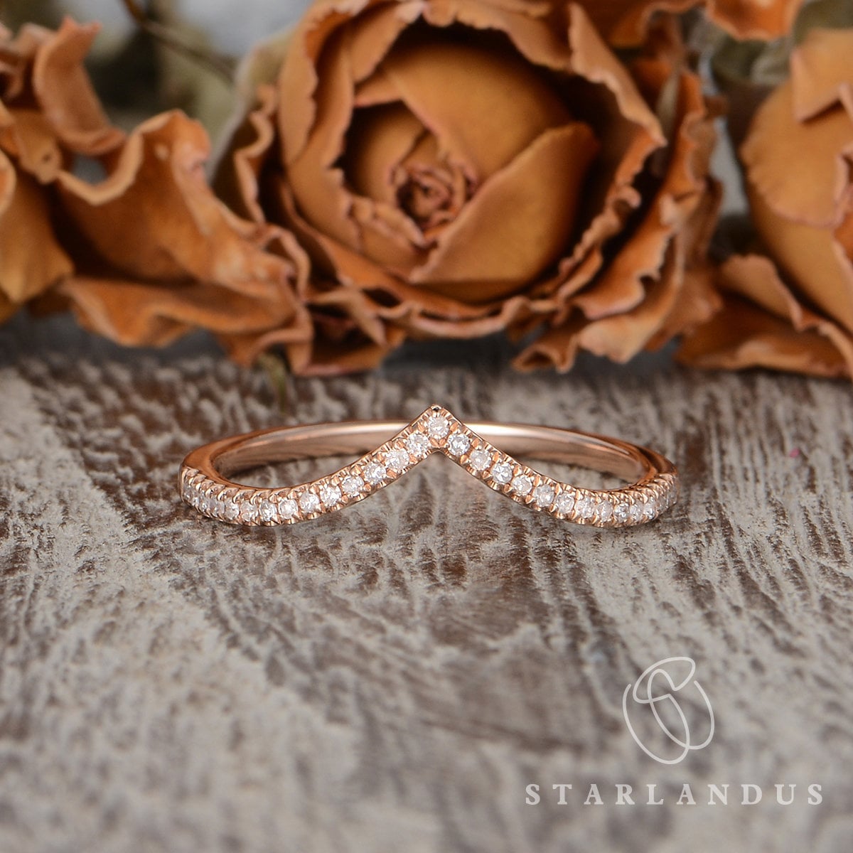 Moissanite Wedding Band Chevron Rose Gold Curved V Shaped Women Custom ...