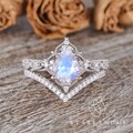 Unique Moonstone Engagement Ring Boho Bridal Set 2pcs Rose Gold Milgrain Antique Art Deco Pear Moonstone Ring Milgrain Vine Vintage 2pcs