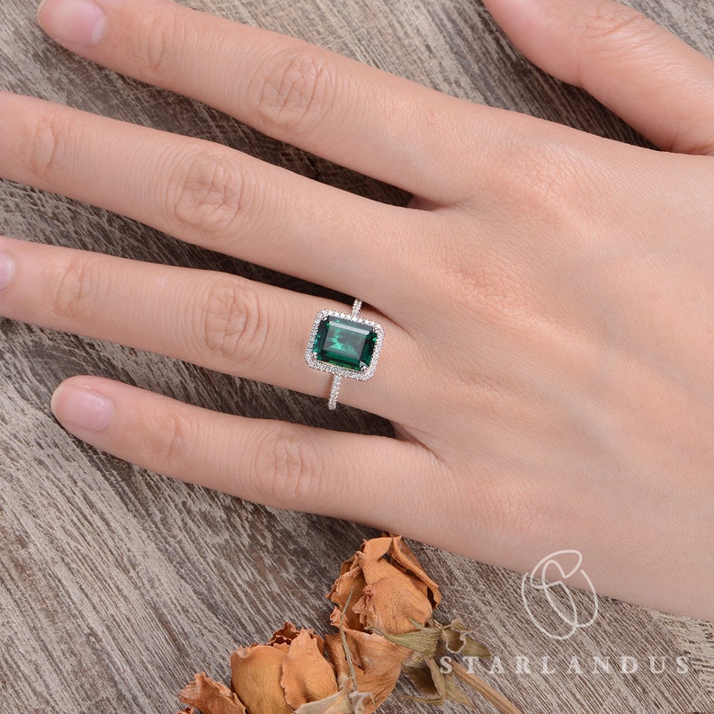 Lab Emerald Engagement Ring White Gold Wedding Ring Emerald Etsy