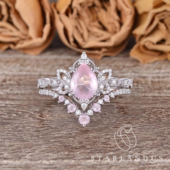 Rose Gold Rose Quartz Engagement Ring Wedding Band Crystal