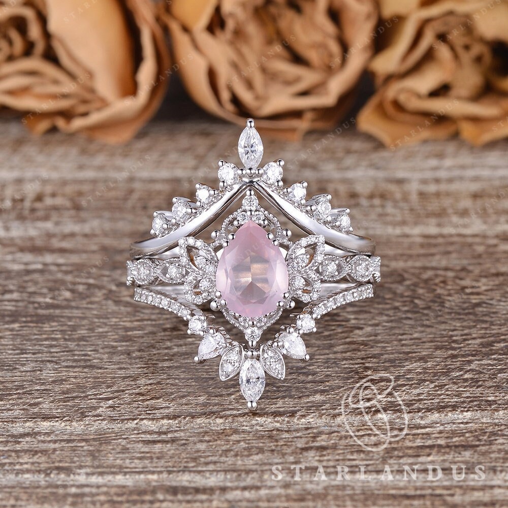 Faerie Butterfly Ring Pear Shaped Rose Quartz Engagement Ring Set Unique White Gold Moissanite Bridal Set Nature Inspired Crystal Ring