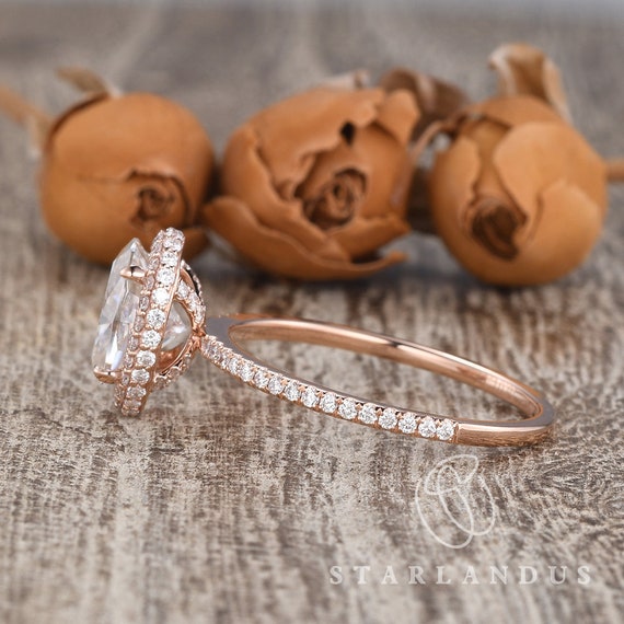 2ct Moissanite Engagement Ring Cluster Bridal Set 2pcs Rose Gold Chevron  Unique Stacking Pear Shaped Marquise Wedding Band Solitaire Simple 