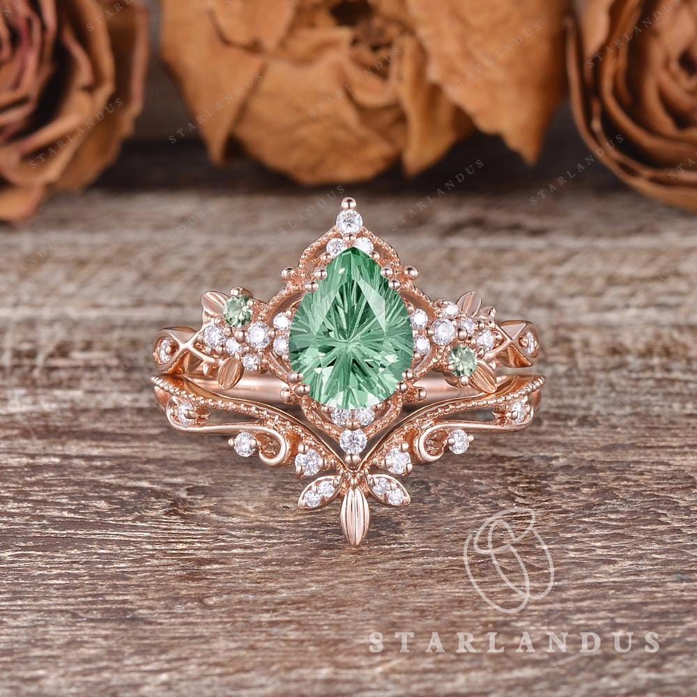 Unique Firework Cut Green Sapphire Engagement Ring Set Rose Gold