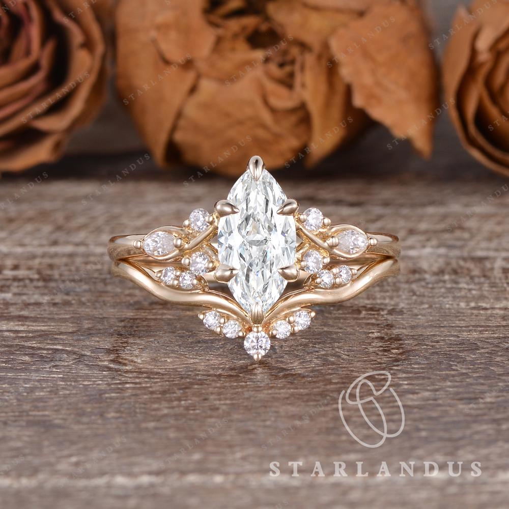 Vintage Marquise Cut Lab Grown Diamond Engagement Ring Set Art Deco ...