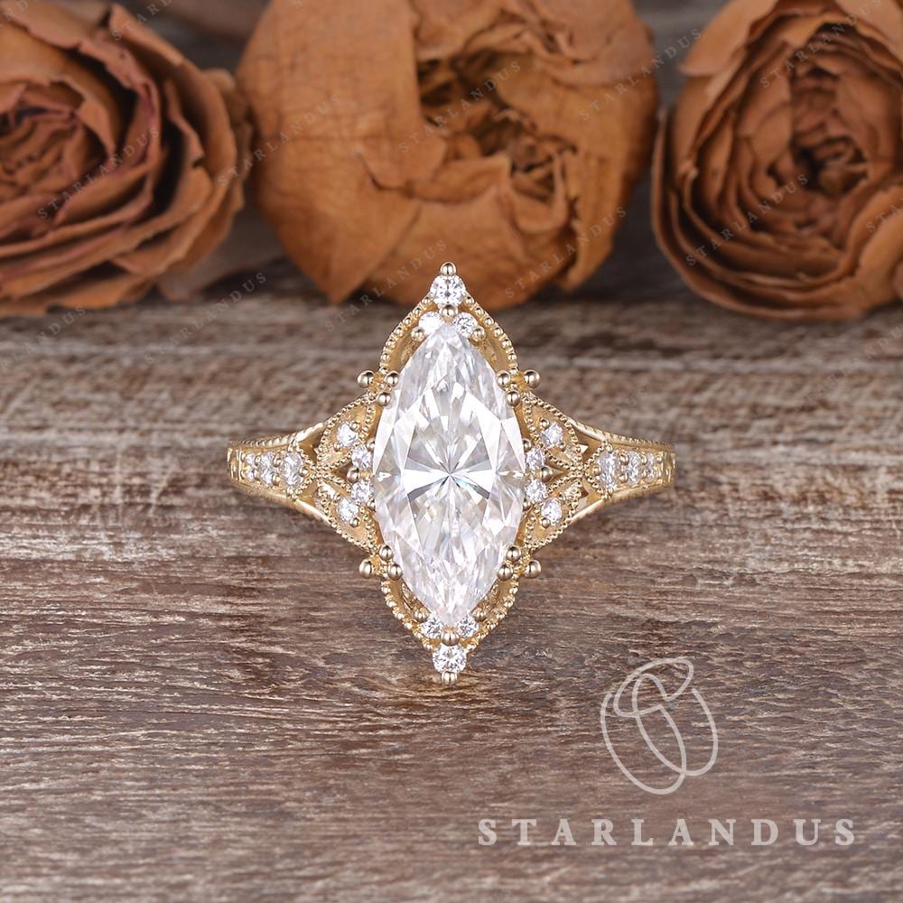 Vintage Marquise Moissanite Engagement Ring Yellow Gold Wedding Ring ...