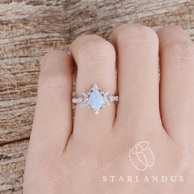 Art Deco Lab White Opal Moonstone Engagement Ring Milgrain Halo Pear Shaped Engagement Ring Antique Wedding Ring Moonstone Moon Crescent image 6