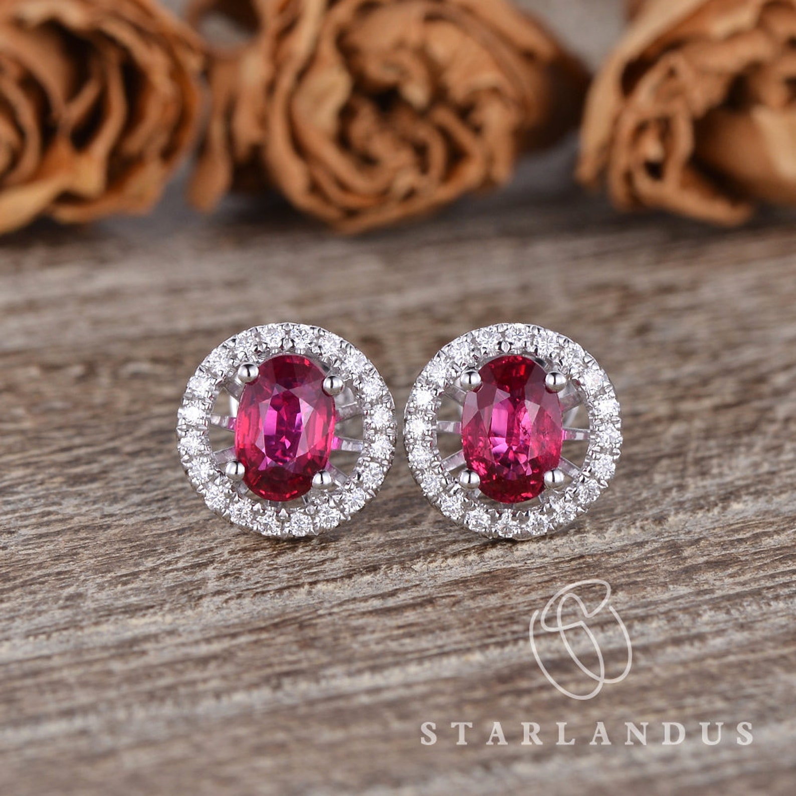 Natural Ruby Stud Earrings Rose Gold Jewelry Halo Earrings Etsy