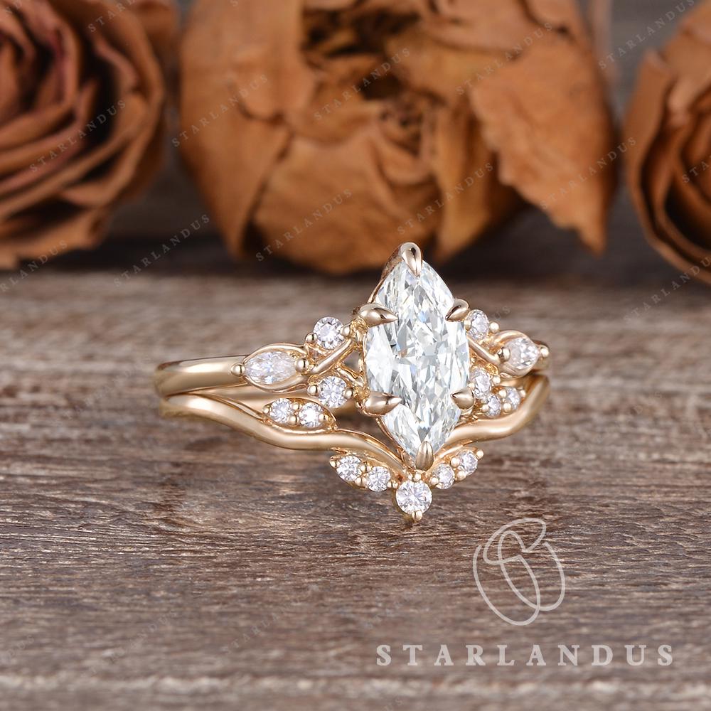 Vintage Marquise Cut Lab Grown Diamond Engagement Ring Set Art Deco ...
